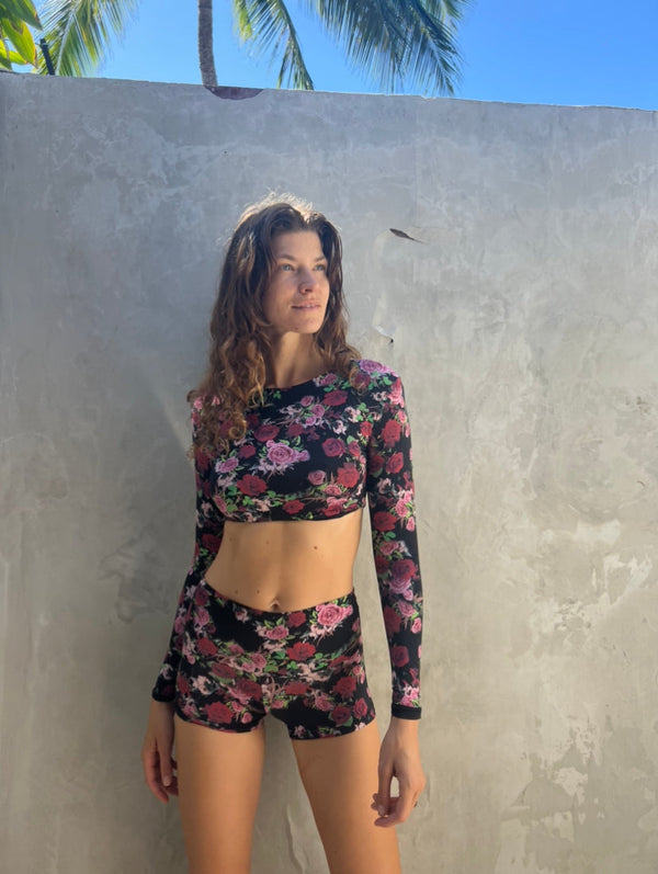 Kona Longsleeve Crop Top - Roses